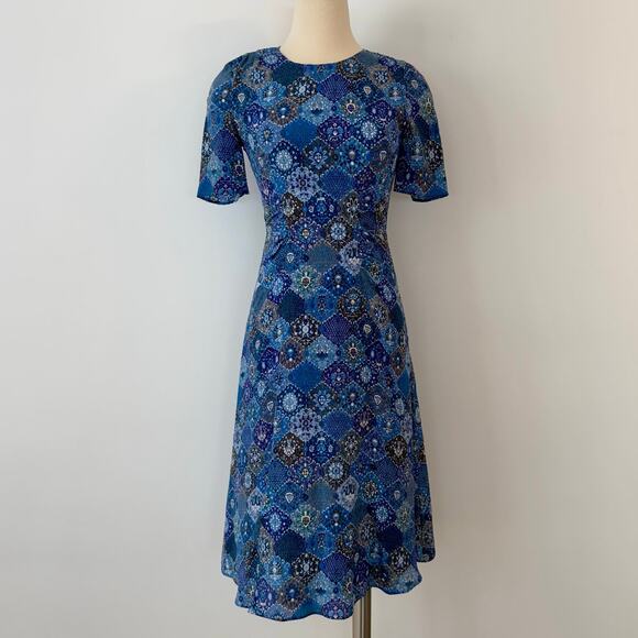 Altuzarra Silk Shirred-Waist Dress Knee Length Blue Multicolor Print FR34 (US2) - Picture 2 of 12